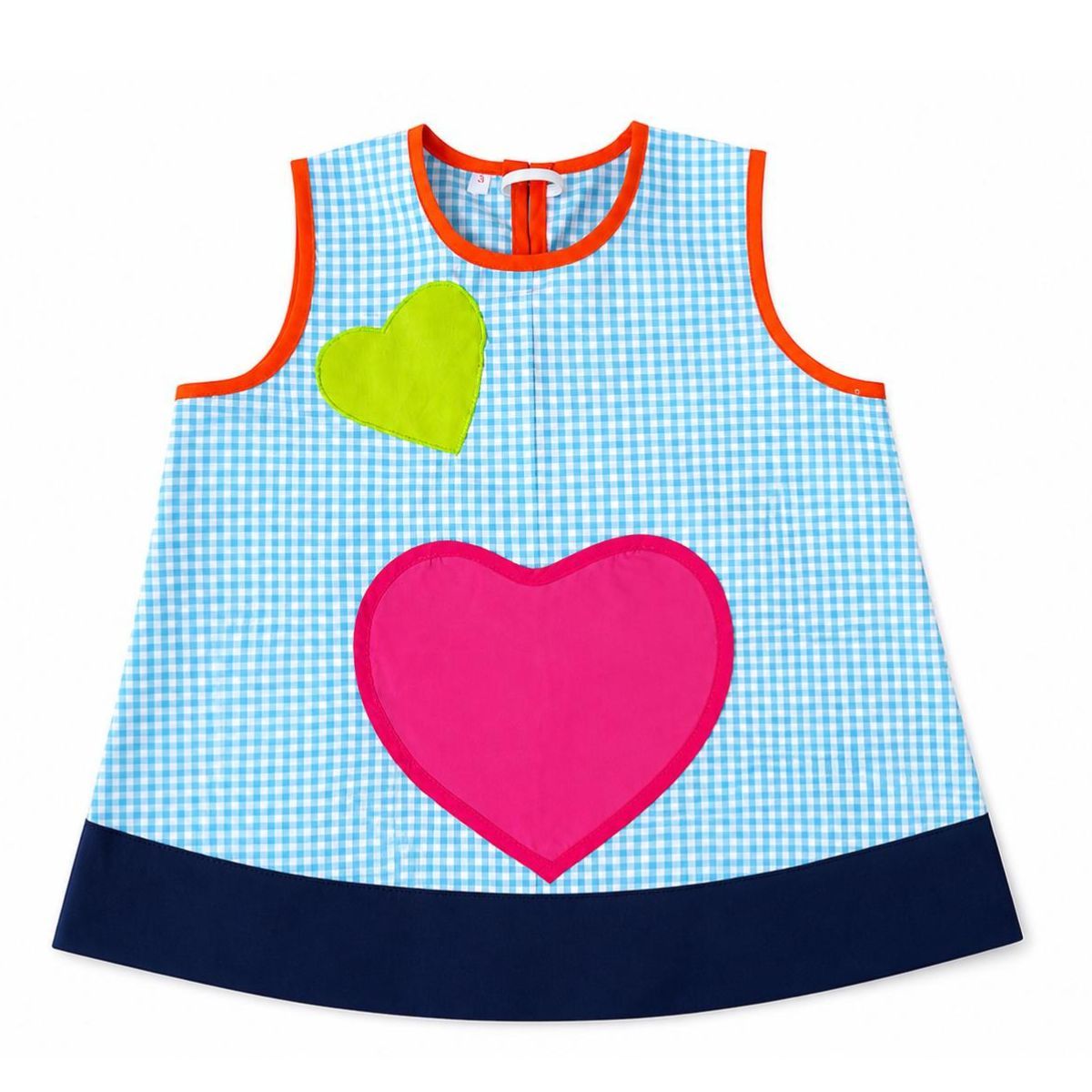 Babero infantil vichy azul con corazones de colores para guardería y colegio