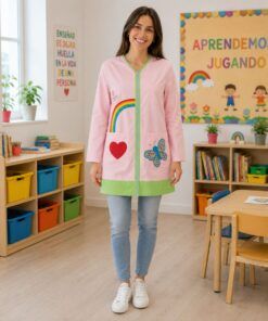 Maestra con bata rosa de cremallera verde con arcoíris, corazón y mariposa integrada en el bolsillo en aula infantil