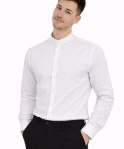 Camisa blanca de hombre con cuello mao y manga larga para uniforme de hostelería
