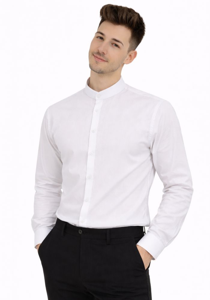 Camisa blanca de hombre con cuello mao y manga larga para uniforme de hostelería