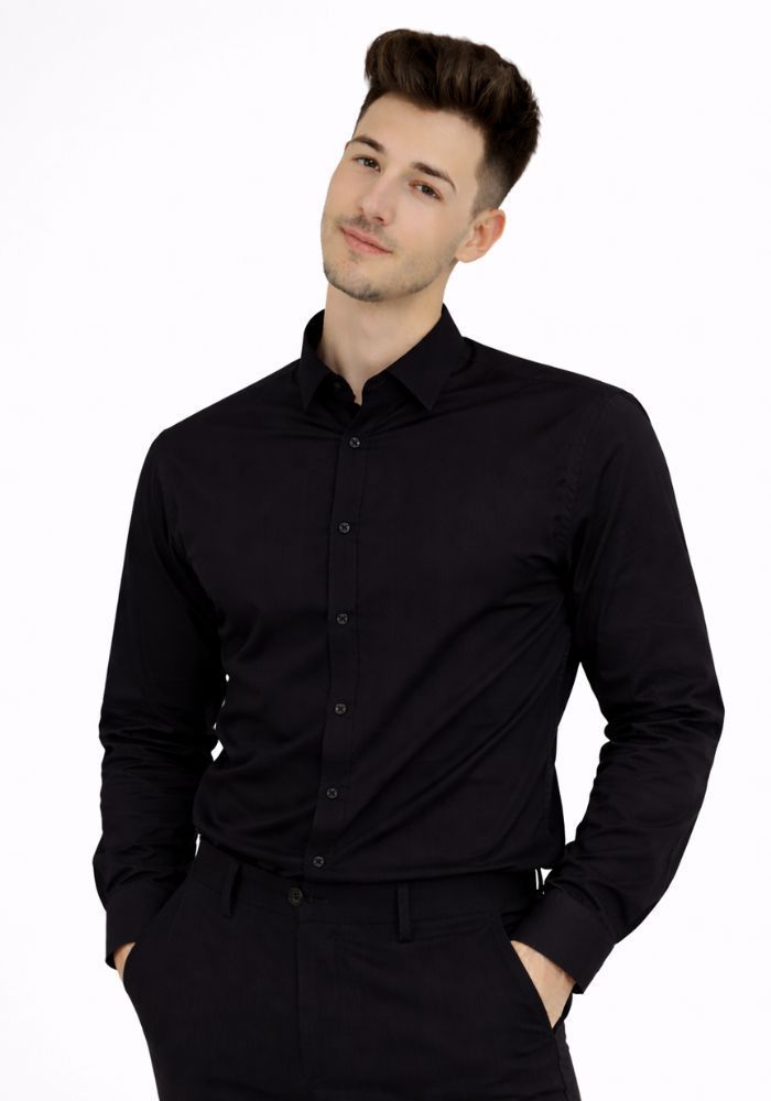 Camisa negra de hombre con cuello mao y manga larga para uniforme de hostelería