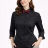Camisa negra entallada de manga francesa con pajarita burdeos uniforme profesional hostelería mujer