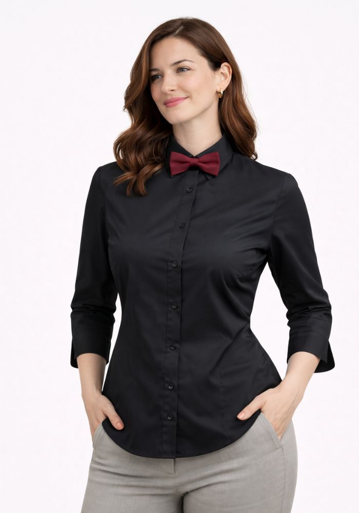Camisa negra entallada de manga francesa con pajarita burdeos uniforme profesional hostelería mujer