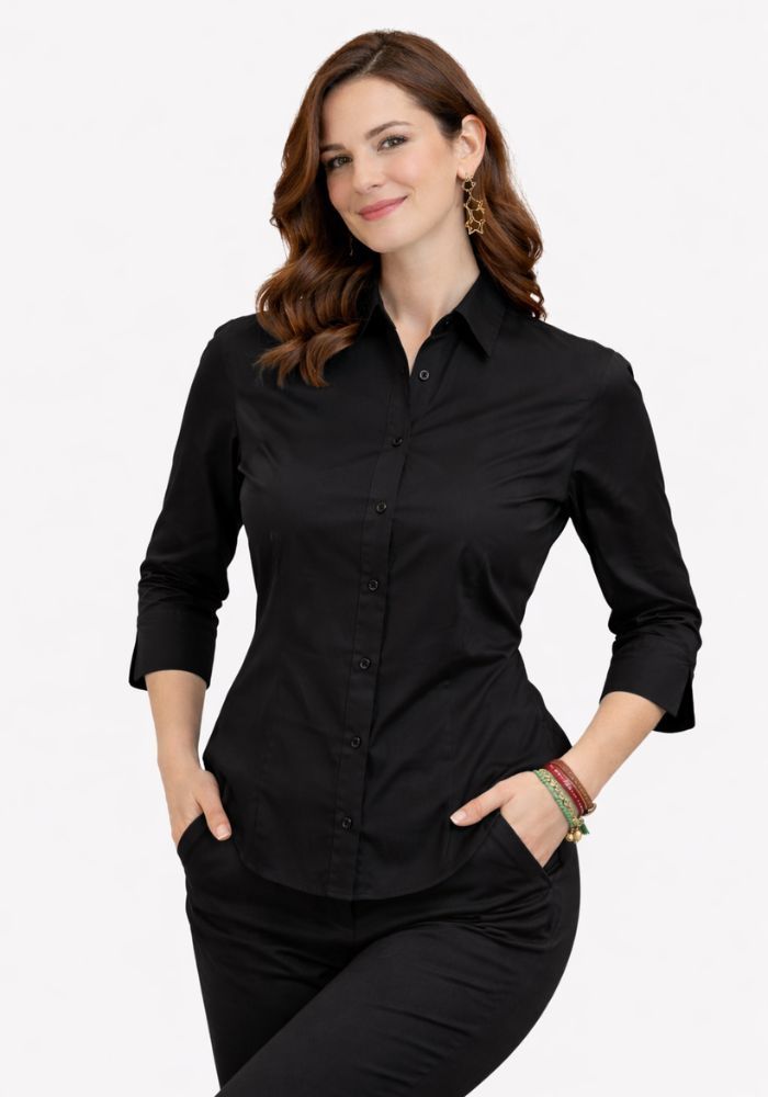 Camisa negra entallada de manga francesa con pajarita burdeos uniforme profesional hostelería mujer