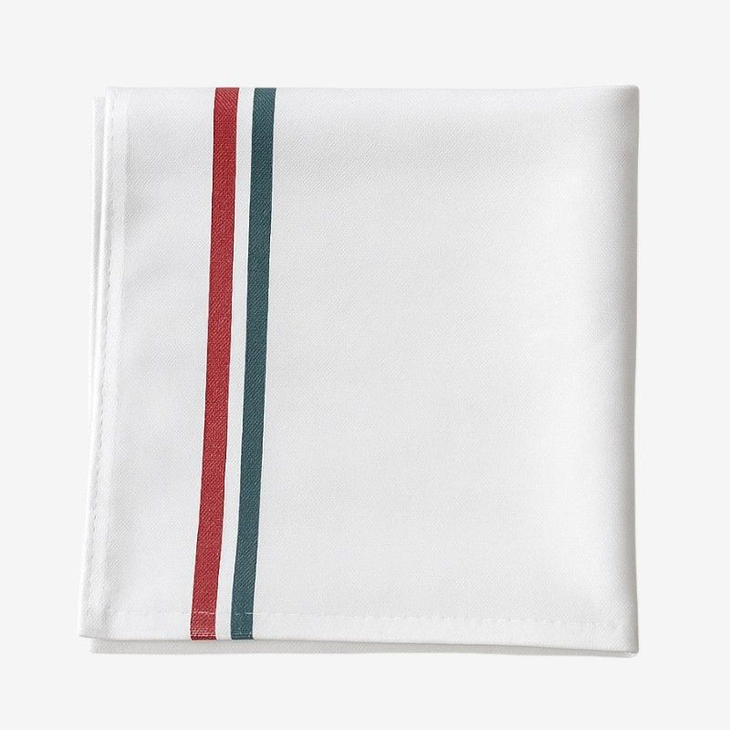 Paño de Cocina Profesional de Algodón 100% blanco con franjas verde y roja, tamaño 60x55 cm, sobre superficie de cocina.