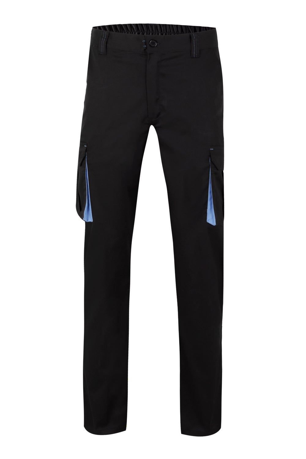 Pantalón de trabajo stretch multibolsillos bicolor en combinación Negro/Celeste, modelo Velilla 103024S