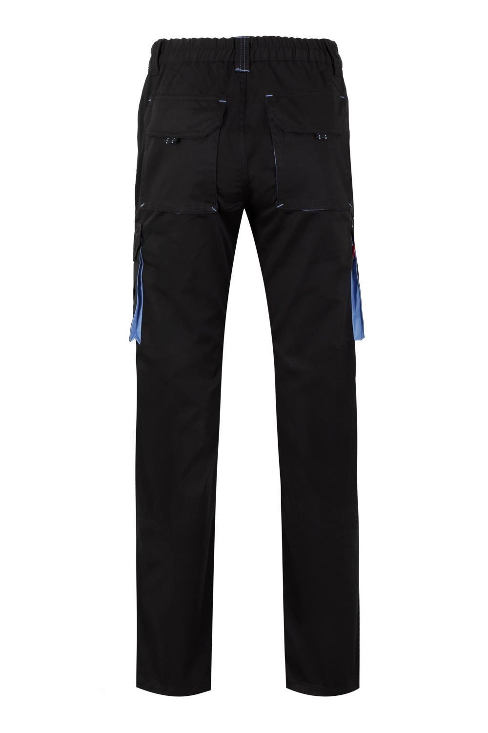 Pantalón de trabajo stretch multibolsillos bicolor en combinación Negro/Celeste, modelo Velilla 103024S