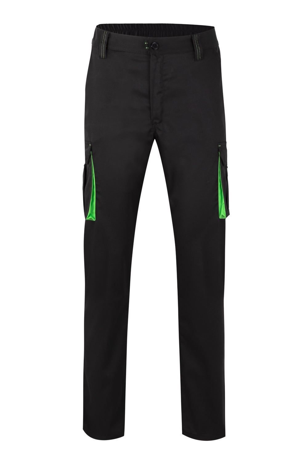 Pantalón de trabajo stretch multibolsillos bicolor en combinación Negro/Verde Lima, modelo Velilla 103024S