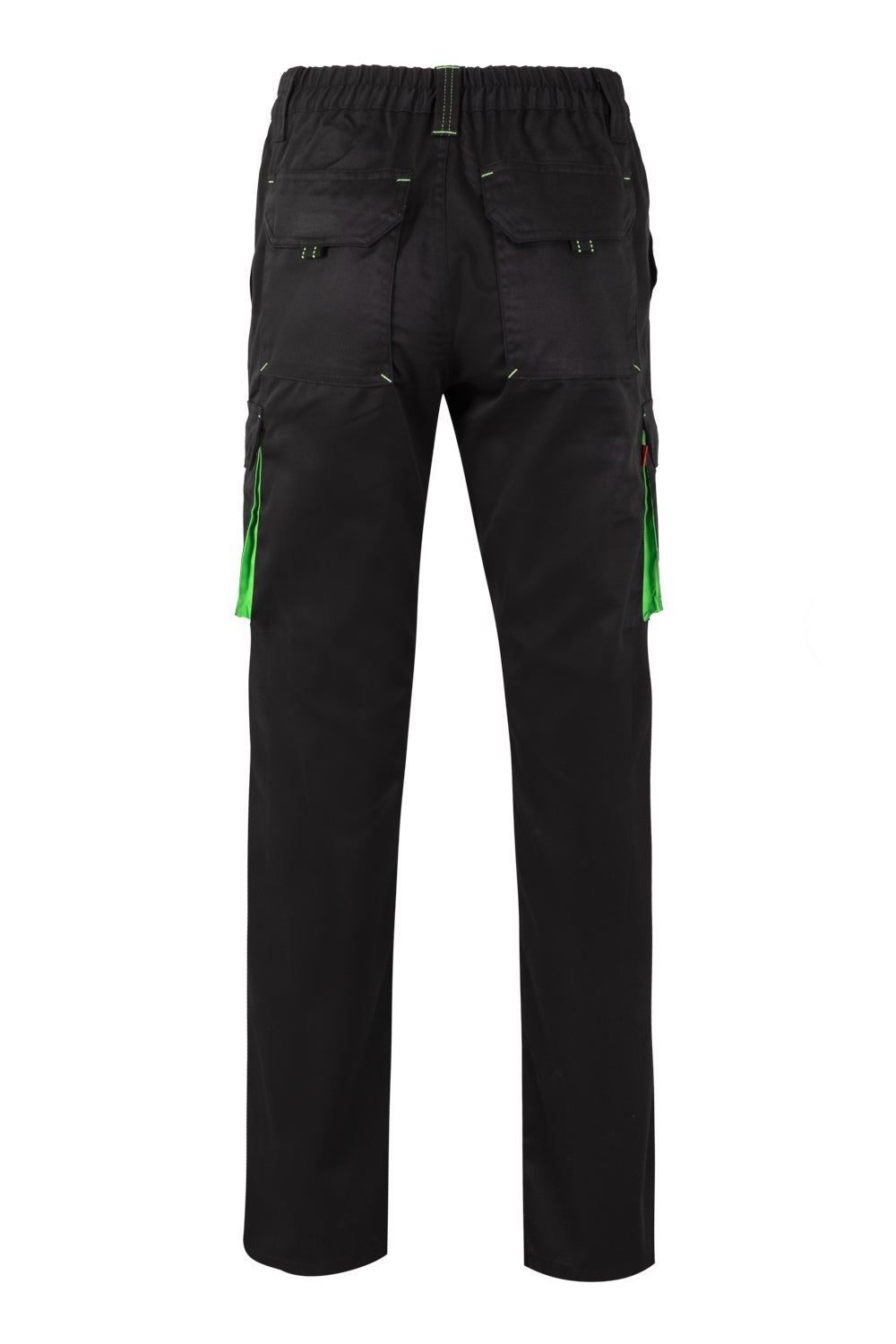 Pantalón de trabajo stretch multibolsillos bicolor en combinación Negro/Verde Lima, modelo Velilla 103024S