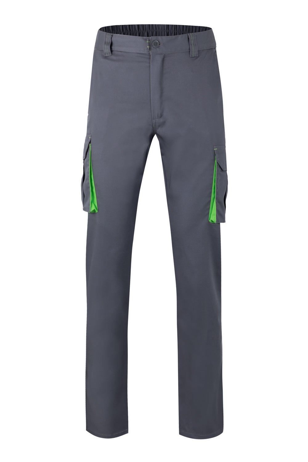 Pantalón de trabajo stretch multibolsillos bicolor en combinación Gris/Verde Lima, modelo Velilla 103024S