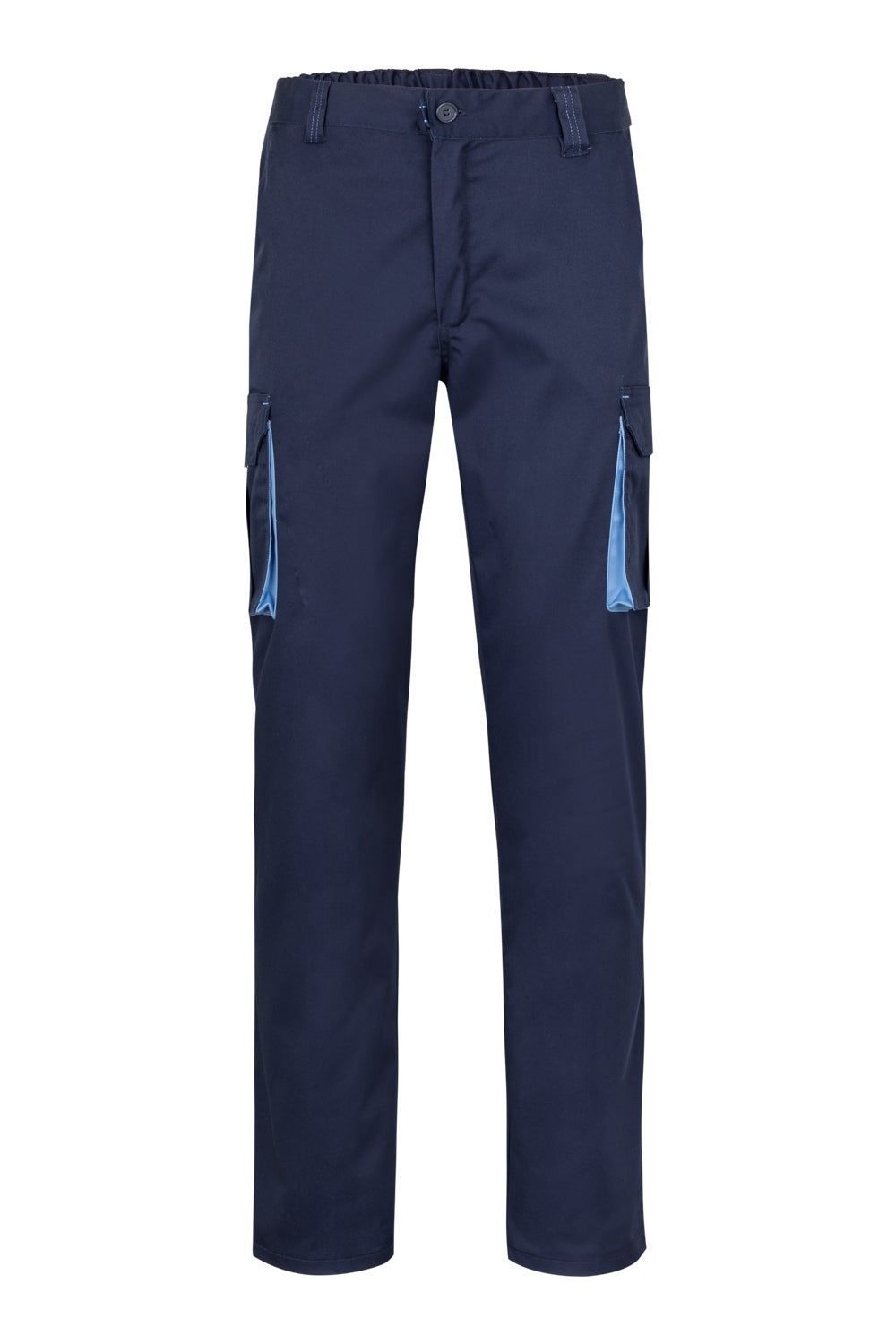 Pantalón de trabajo stretch multibolsillos bicolor en combinación Azul Navy/Celeste, modelo Velilla 103024S
