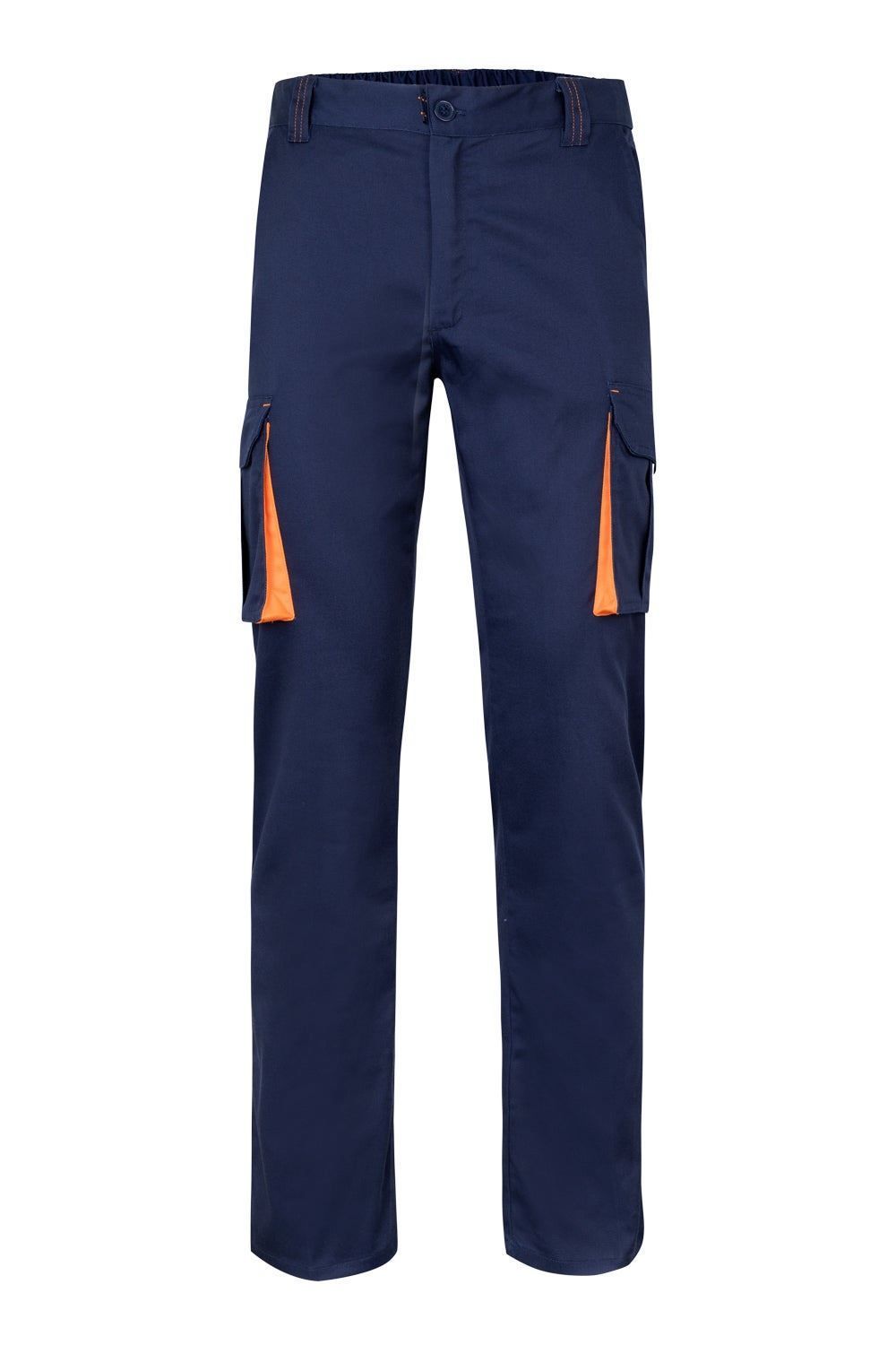 Pantalón de trabajo stretch multibolsillos bicolor en combinación Azul Navy/Naranja, modelo Velilla 103024S