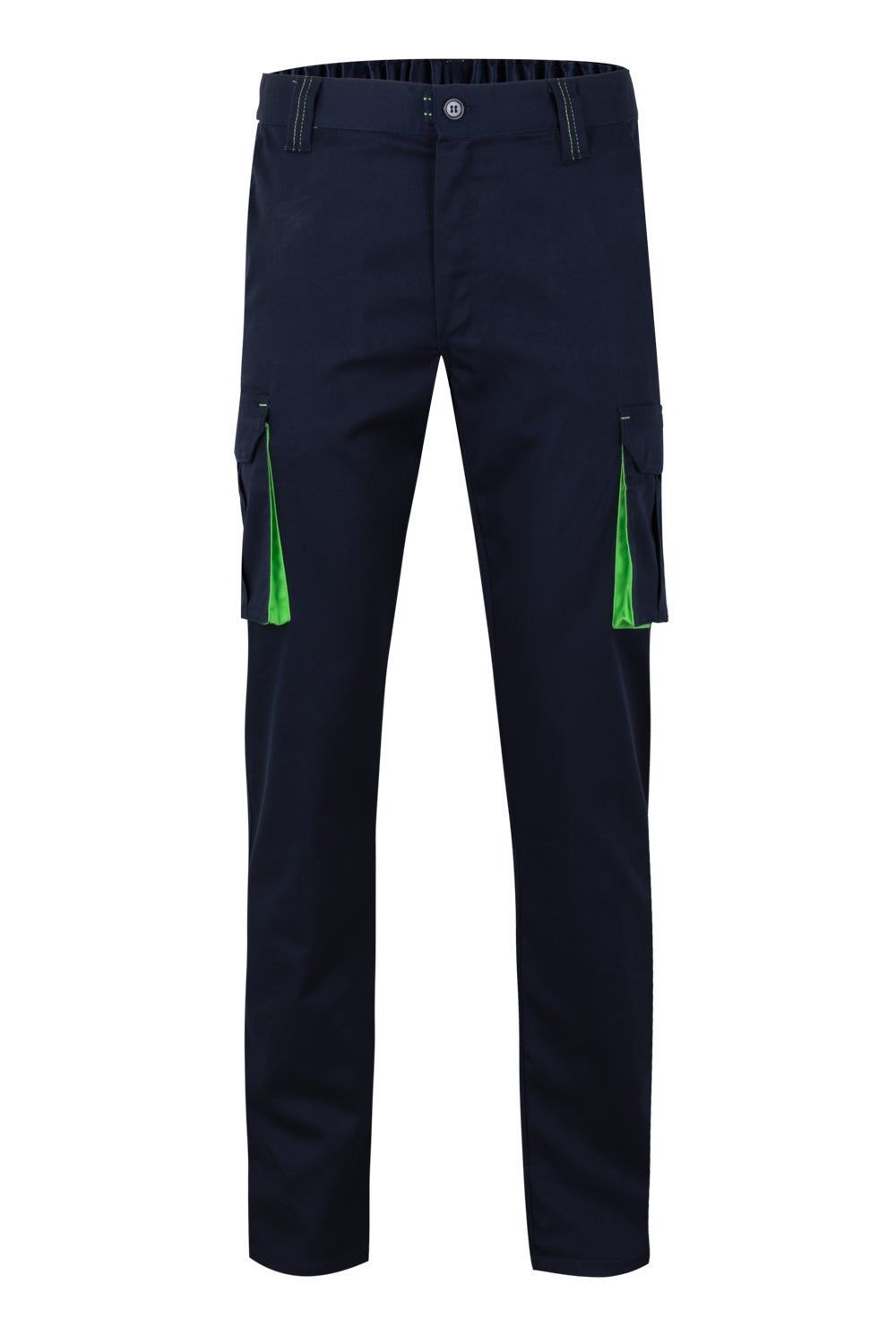 Pantalón de trabajo stretch multibolsillos bicolor en combinación Azul Navy/Verde Lima, modelo Velilla 103024S