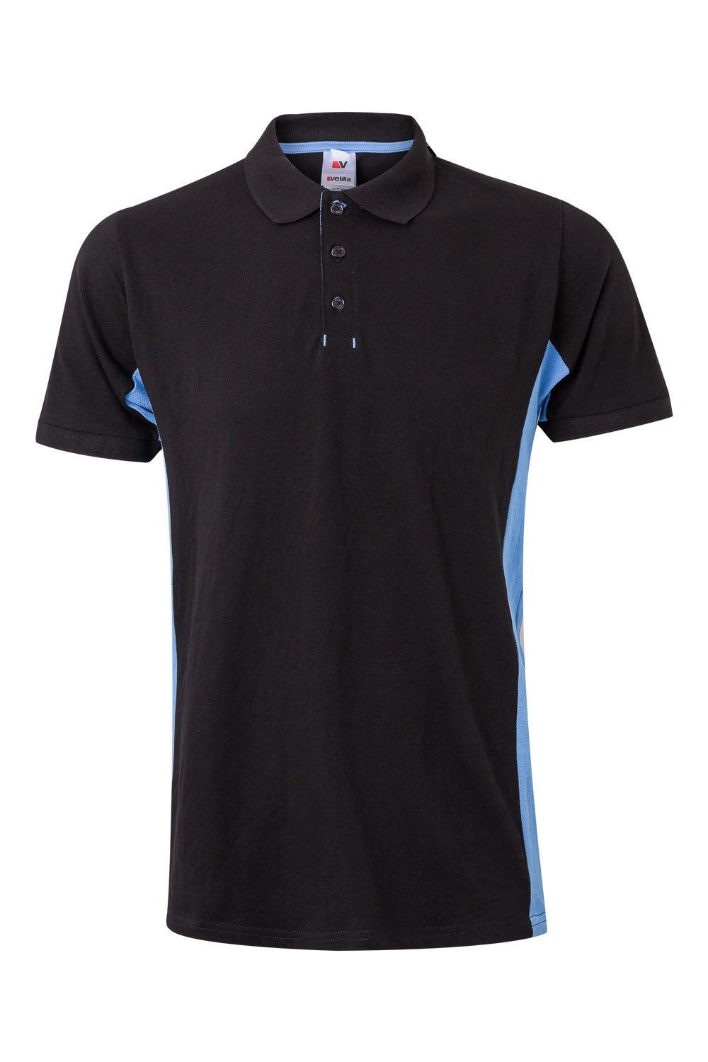 Polo de trabajo en negro con detalles en celeste, modelo Velilla 105504, manga corta