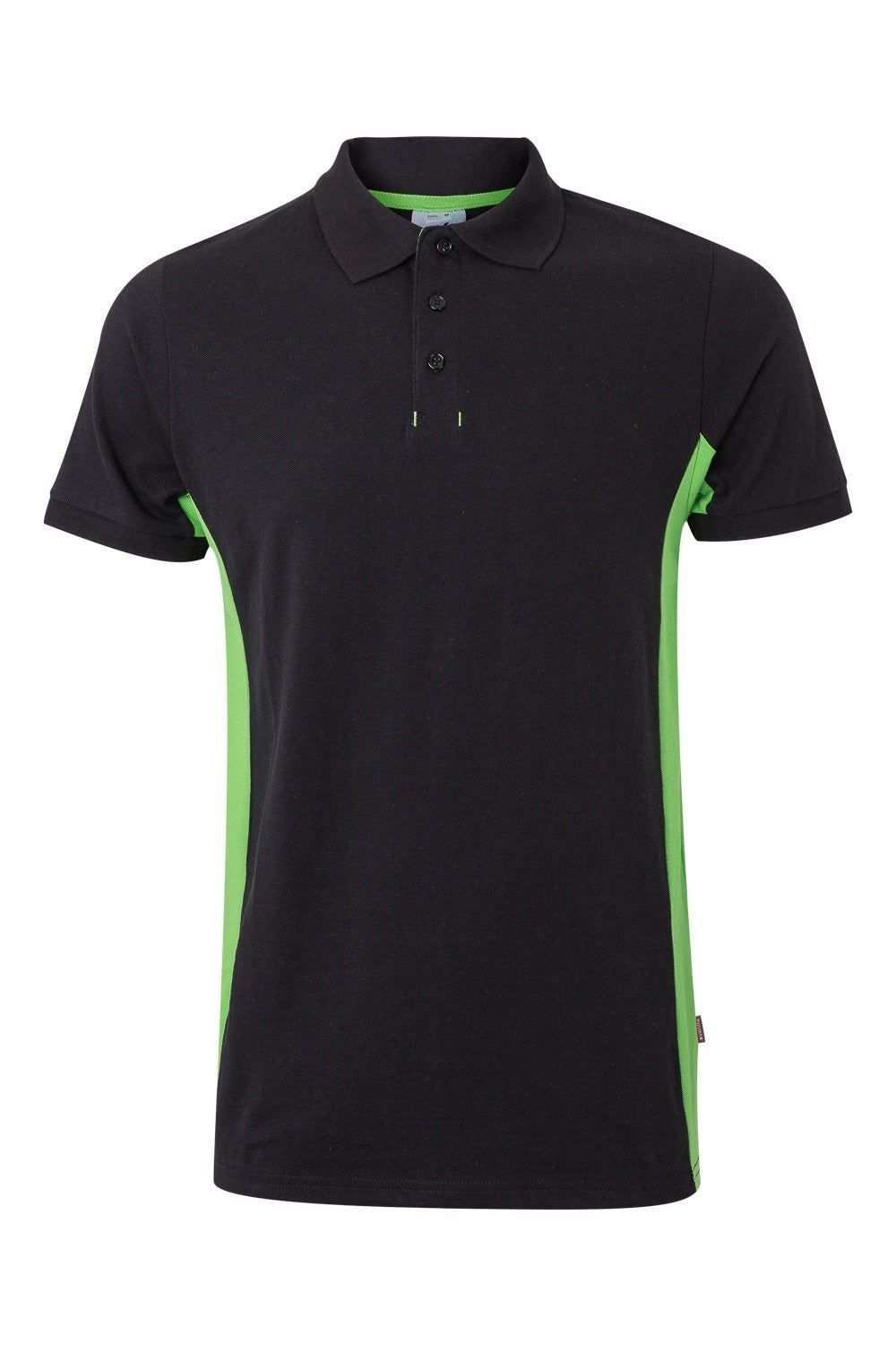 Polo de trabajo en negro con detalles en verde lima, modelo Velilla 105504, manga corta