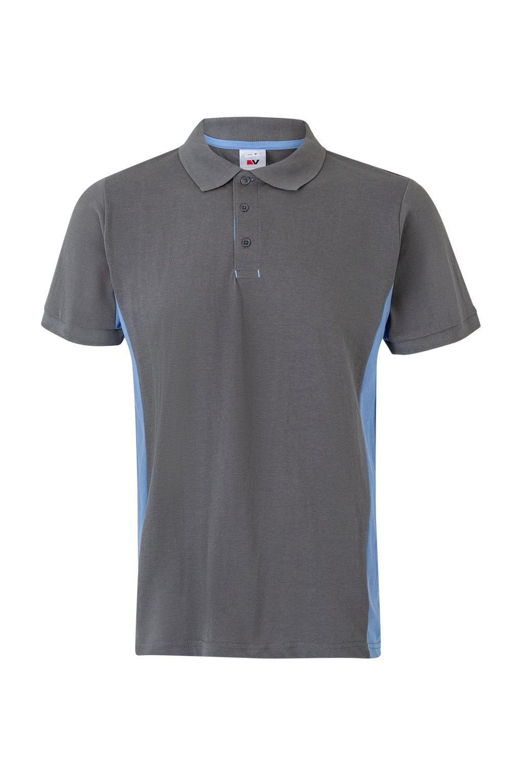 Polo de trabajo en gris con detalles celeste, modelo Velilla 105504, manga corta
