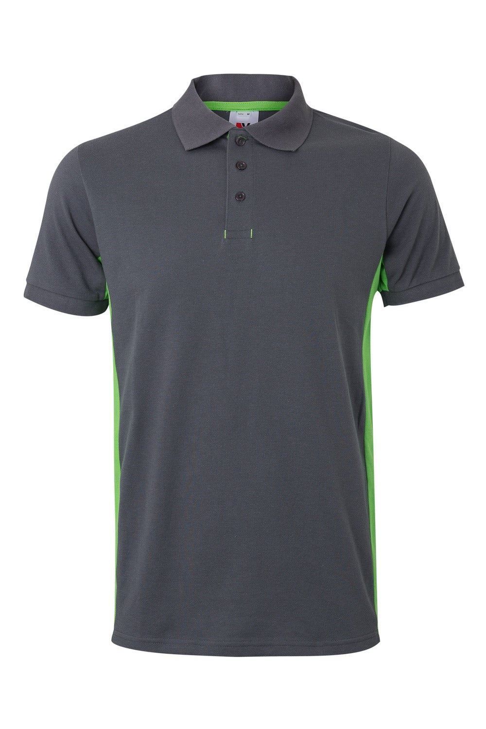 Polo de trabajo en gris con detalles verde lima, modelo Velilla 105504, manga corta