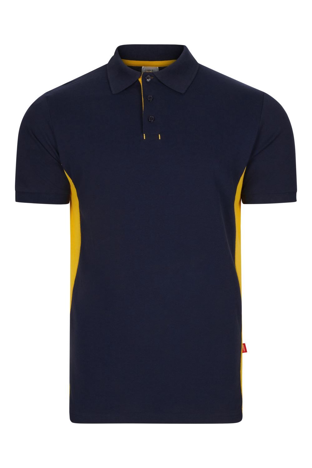 Polo de trabajo bicolor en azul marino con detalles amarillos, modelo Velilla 105504, manga corta