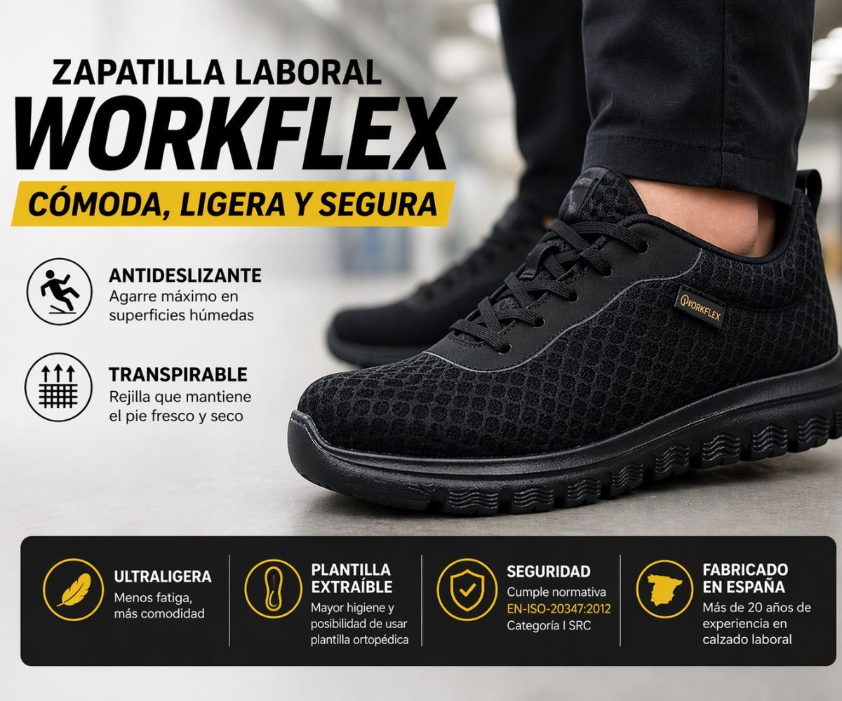 zapatilla laboral negra antideslizante Workflex ligera transpirable para hostelería sanidad trabajo de pie