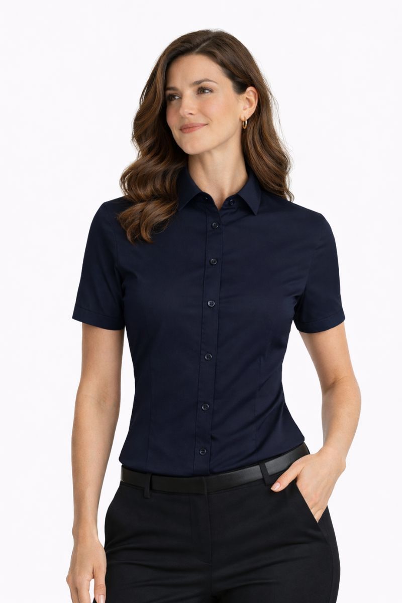 camisa mujer entallada manga corta azul marino uniforme profesional elegante transpirable