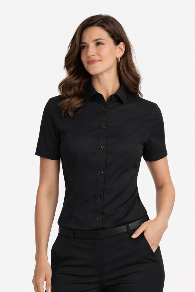 amisa mujer entallada manga corta negra uniforme profesional elegante transpirable