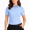 camisa mujer entallada manga corta celeste uniforme profesional elegante transpirable