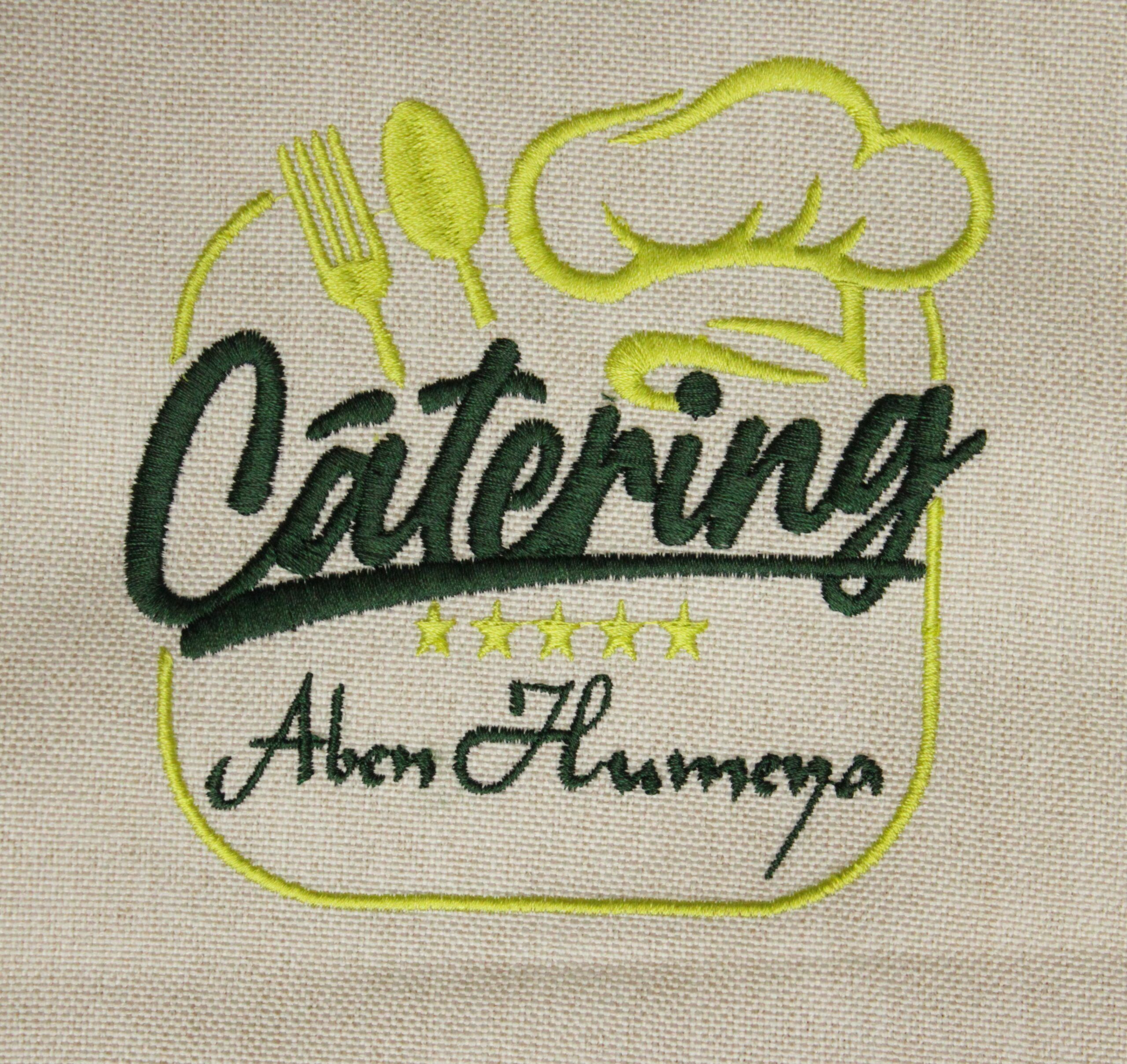 Logotipo bordado de Cátering Aben Humeya con gorro de chef, cubiertos y cinco estrellas