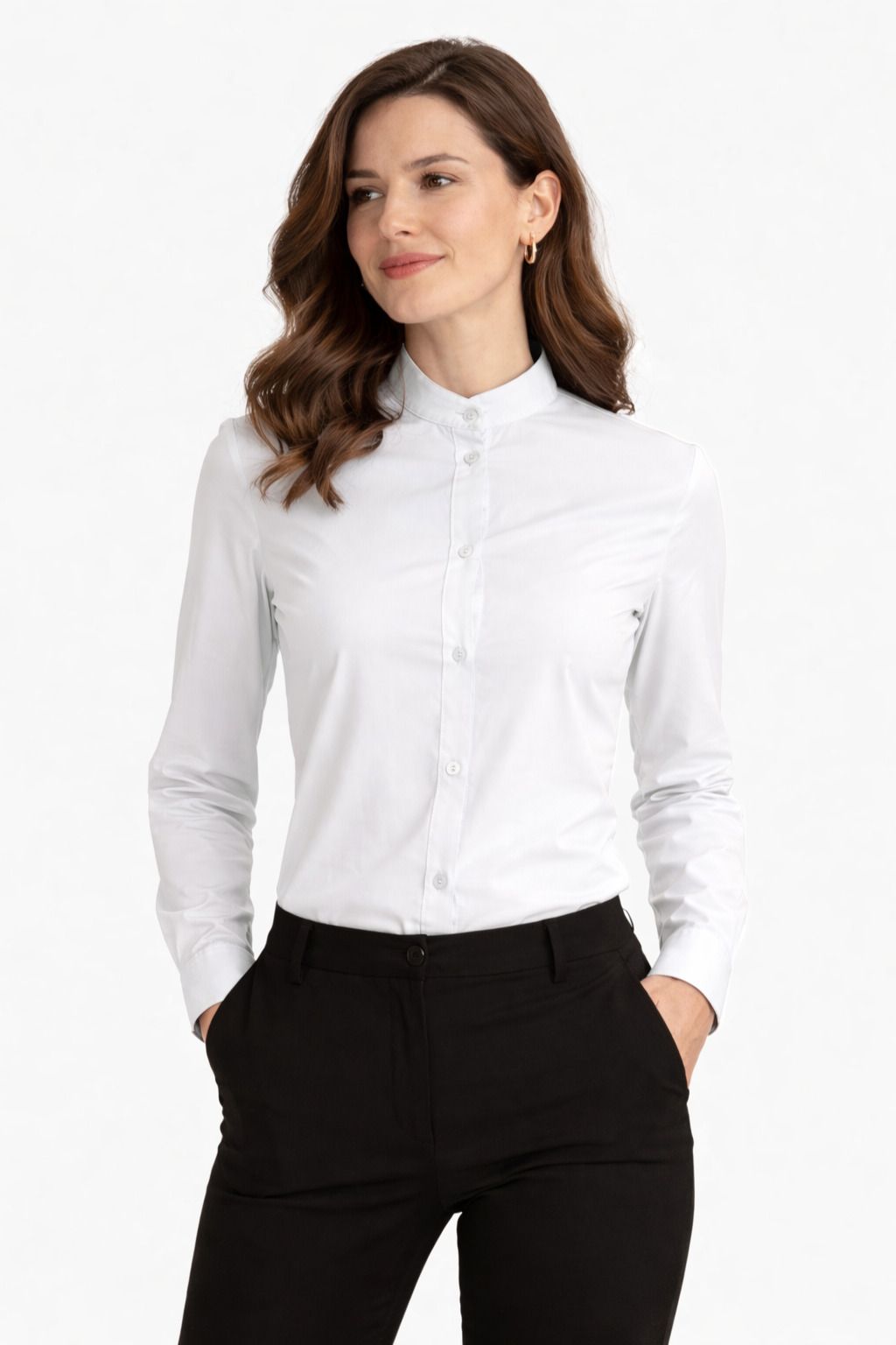 Camisa de mujer blanco con cuello tirilla y manga larga para uniforme de hostelería