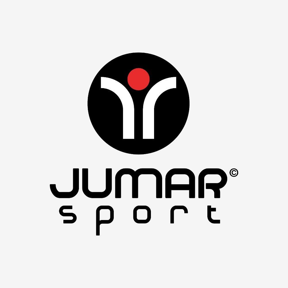 Logotipo de Jumar Sport con símbolo blanco y círculo rojo sobre fondo negro