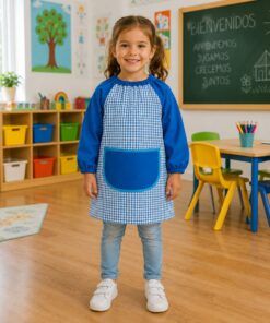 Babero infantil vichy azul con bolsillo para guardería