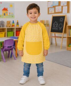 Babi infantil amarillo vichy para guardería con bolsillo delantero