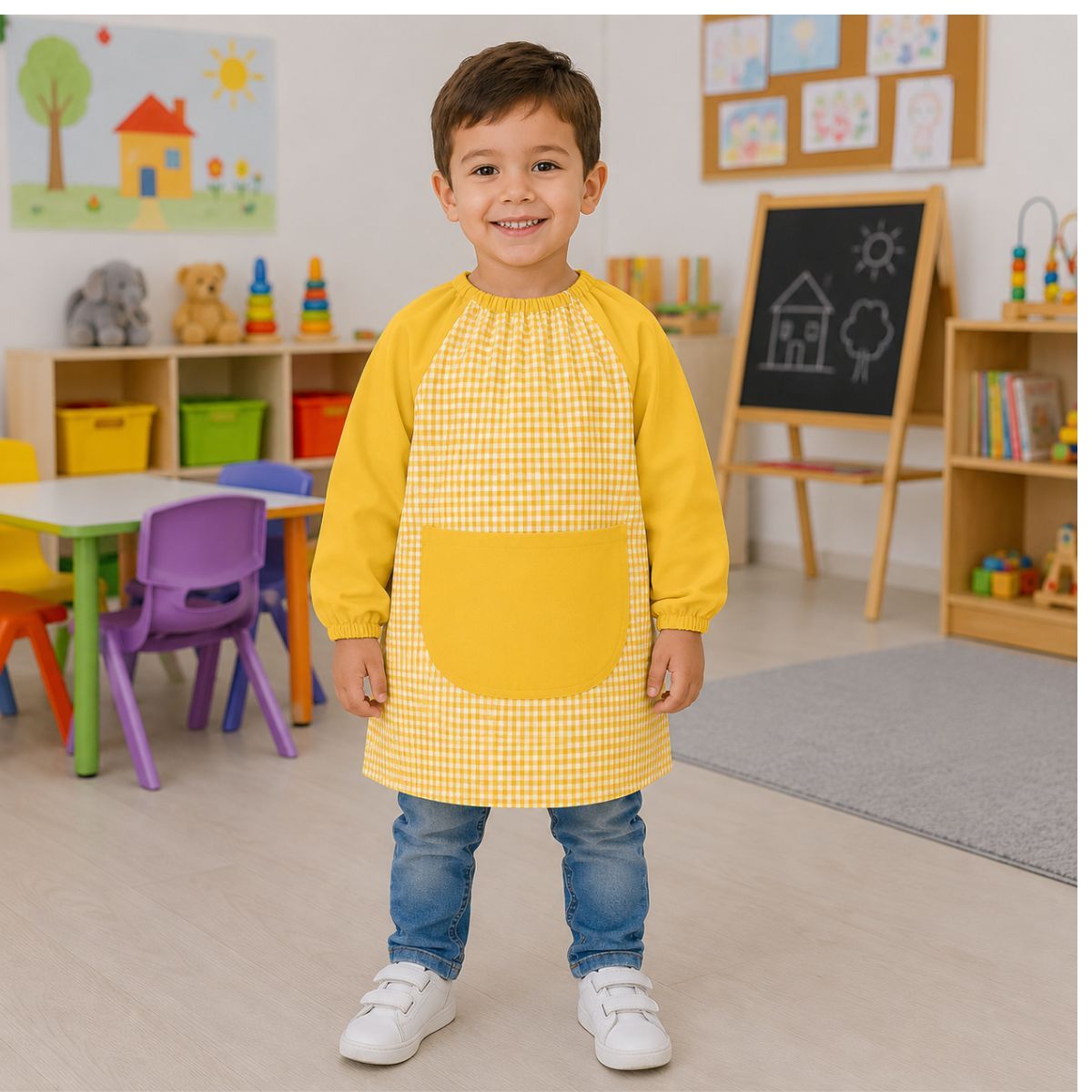 Babi infantil amarillo vichy para guardería con bolsillo delantero