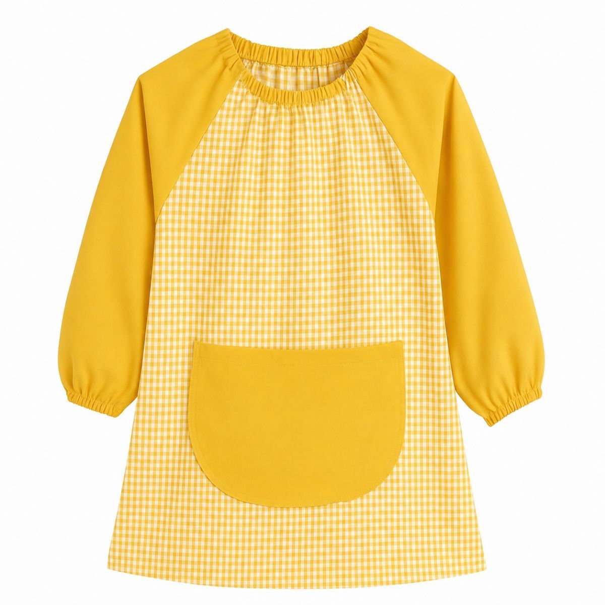 Babi infantil amarillo vichy para guardería con bolsillo delantero