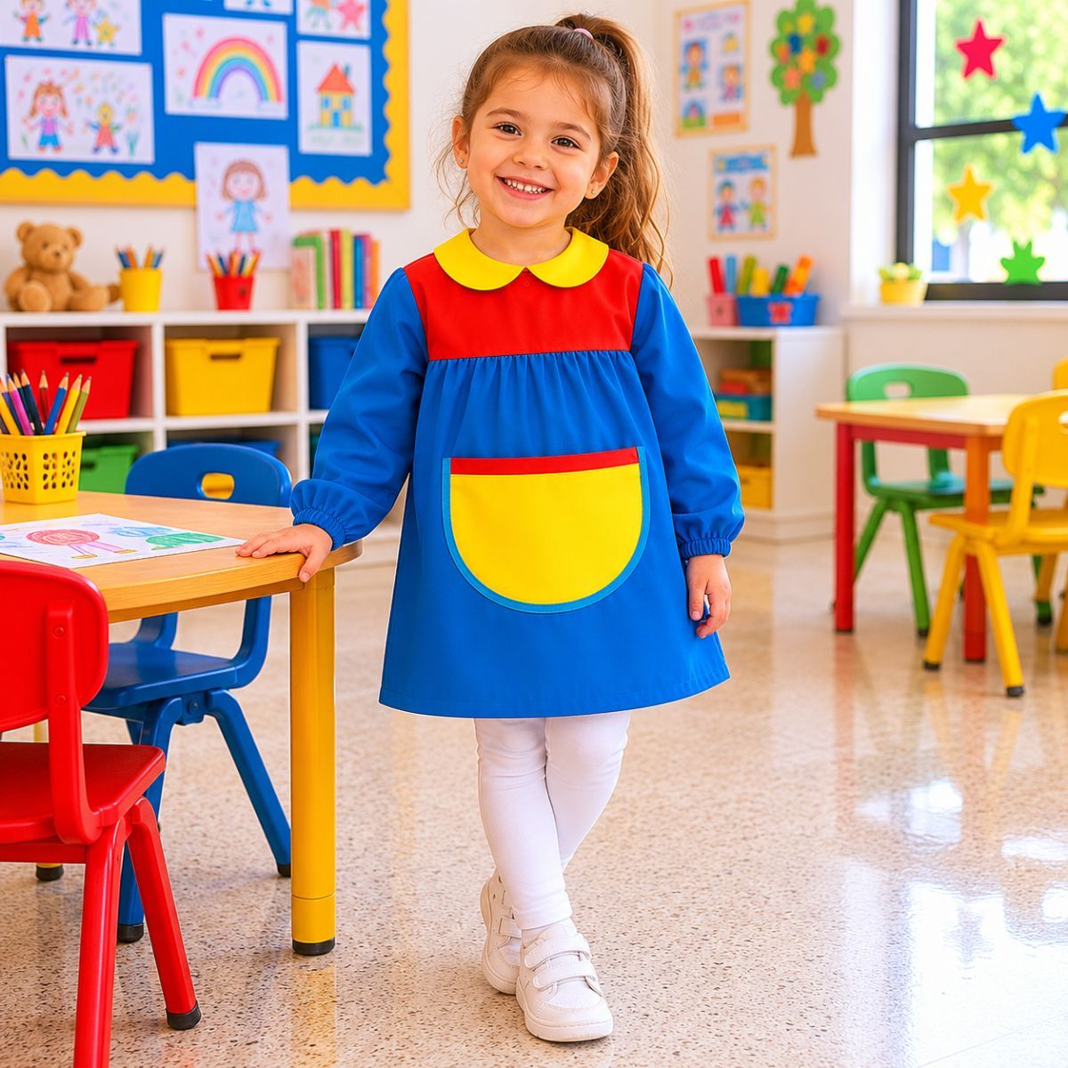 Babi infantil azul con cuello amarillo para guardería
