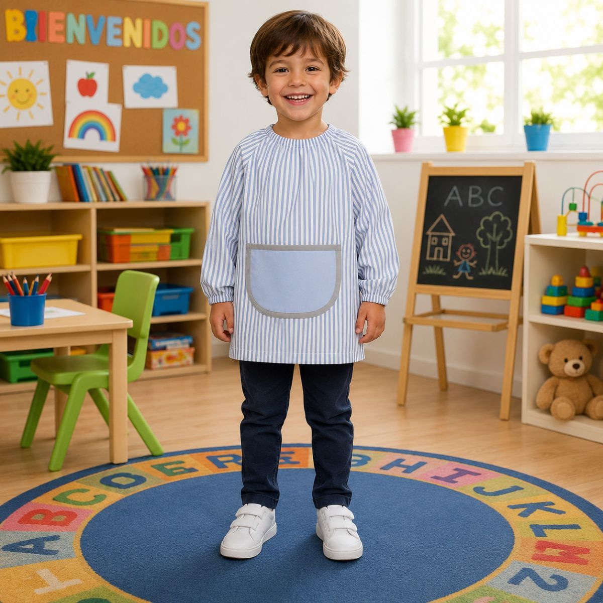 Babi infantil de rayas azul claro con bolsillo gris confeccionado en tejido milrayas para guardería y colegio
