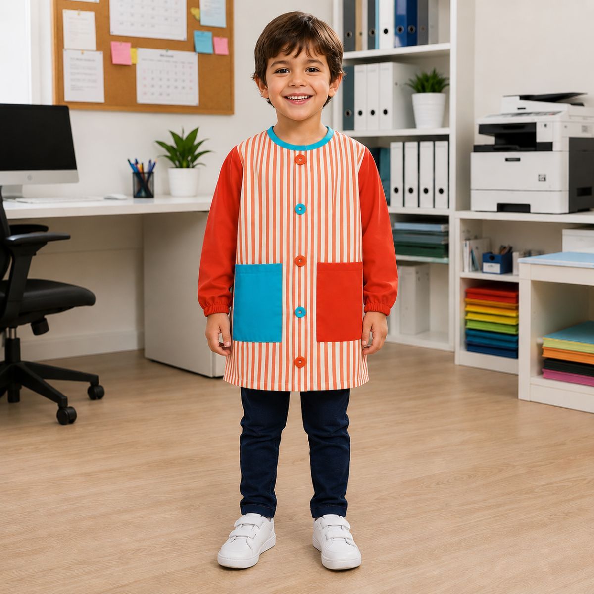 Babi Infantil Rayas Rojas con bolsillos de Popelín Galaxy para guardería y colegio
