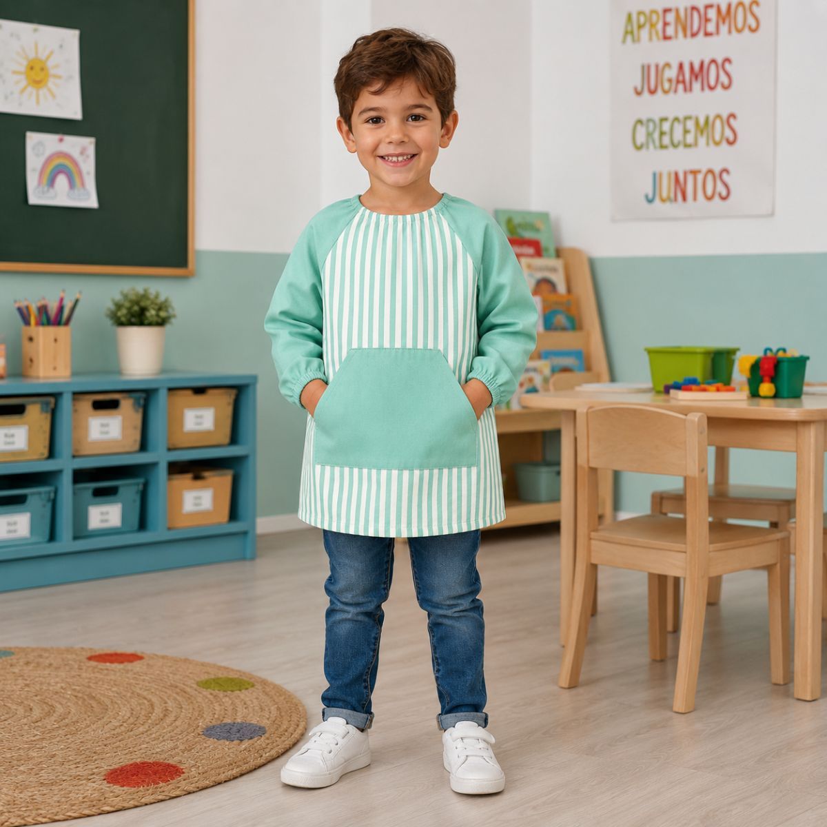 Babi Escolar Verde Agua con Bolsillo Kanguro para guardería y colegio
