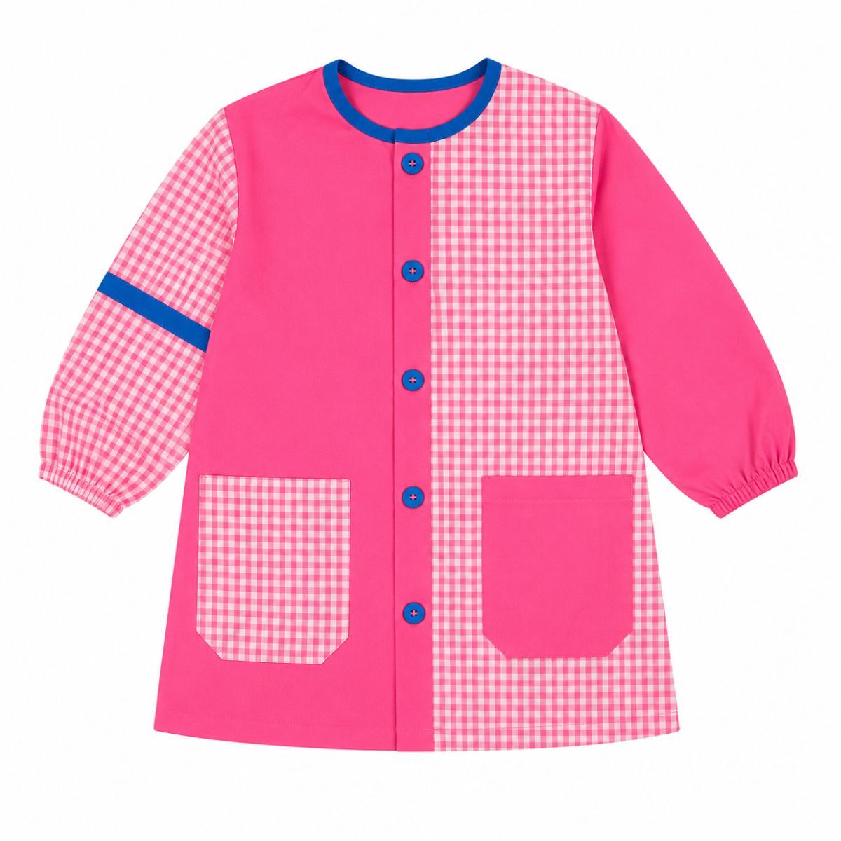 Babi infantil fucsia vichy con detalles azules para guardería y colegio confeccionado artesanalmente por Unifor Gran