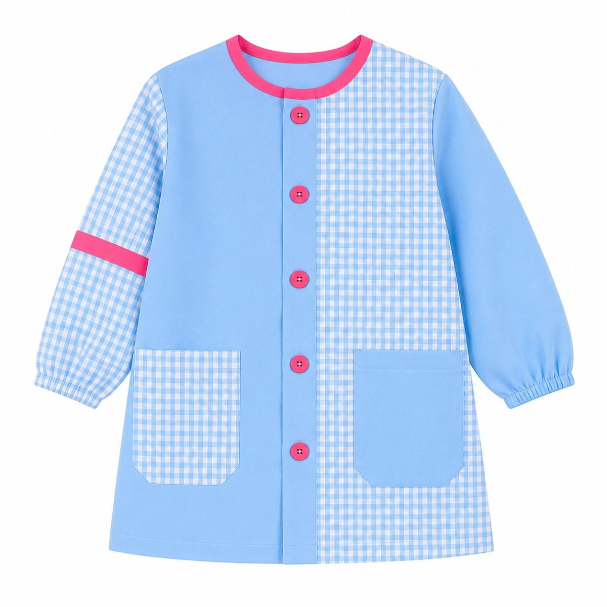 Babi infantil azul celeste vichy con detalles fucsia para guardería y colegio confeccionado artesanalmente por Unifor Gran