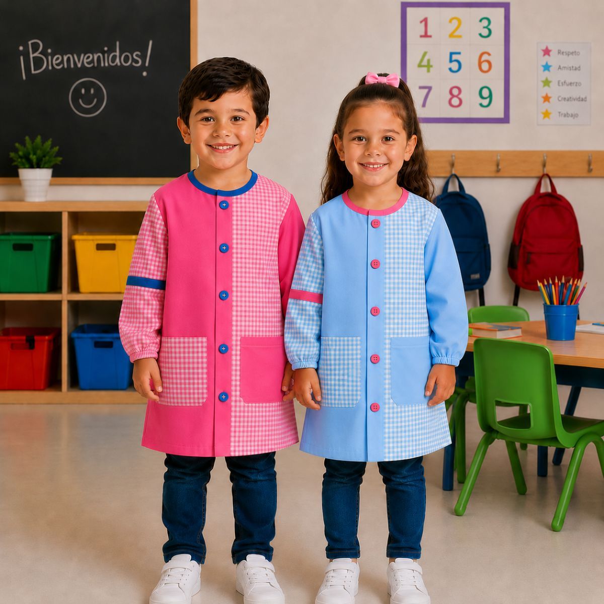 Niños con babis infantiles vichy azul celeste y fucsia para guardería y colegio confeccionados artesanalmente por Unifor Gran