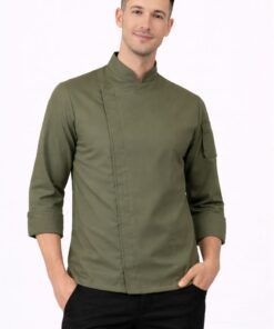 Chaqueta de cocina hombre microfibra transpirable verde con broches ocultos uniforme profesional chef