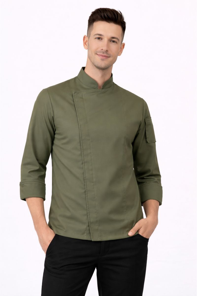 Chaqueta de cocina hombre microfibra transpirable verde con broches ocultos uniforme profesional chef