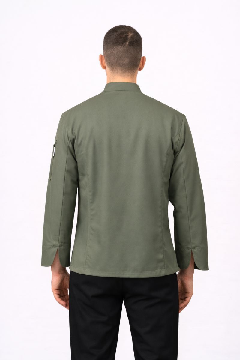 Chaqueta de cocina hombre microfibra transpirable verde con broches ocultos uniforme profesional chef