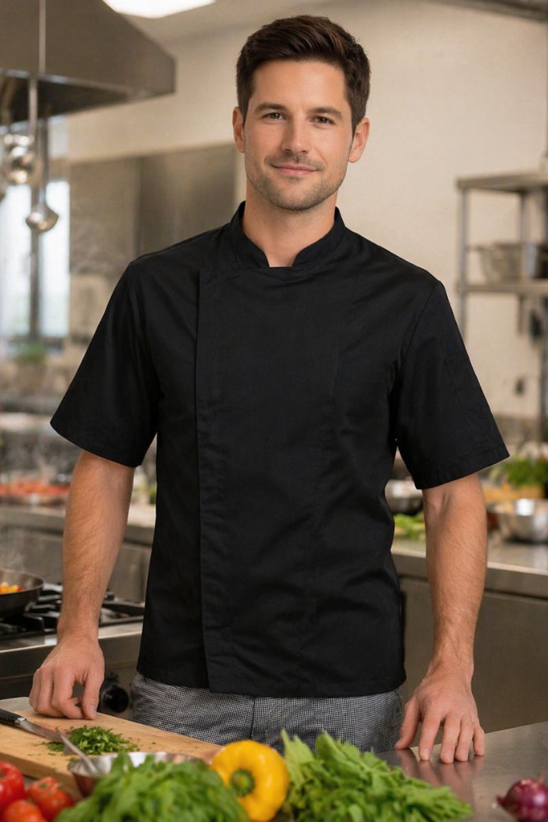 chaqueta de cocina microfibra manga corta ligera antimanchas uniforme chef profesional