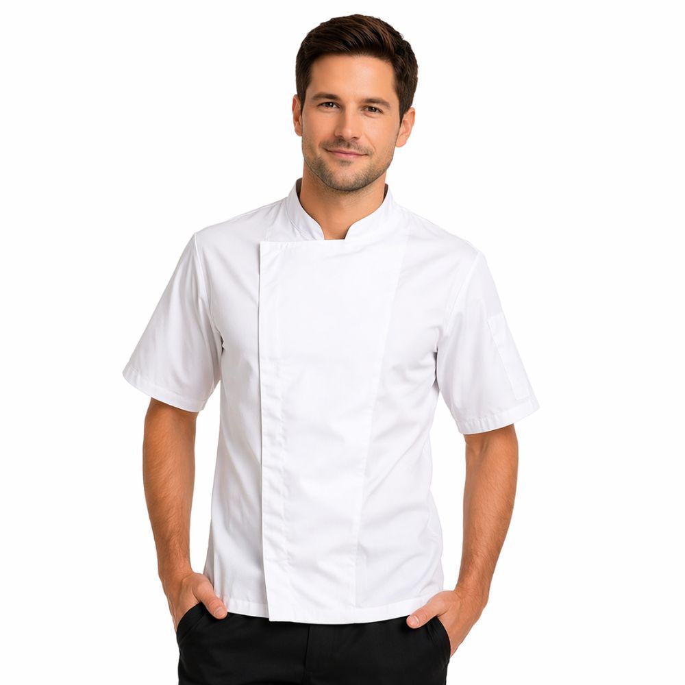 chaqueta de cocina blanca microfibra manga corta uniforme chef profesional ligera antimanchas