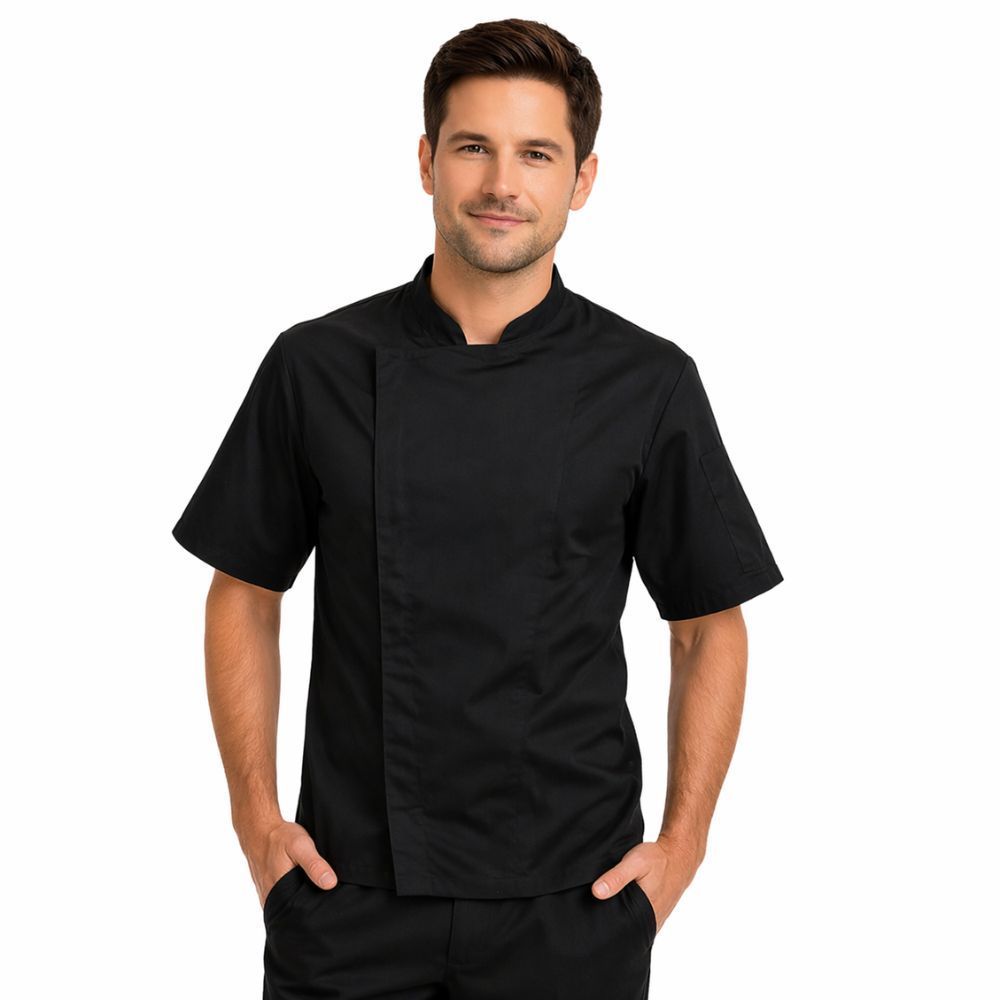 chaqueta de cocina negra microfibra manga corta uniforme chef profesional antimanchas