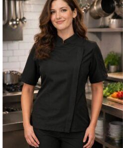 Chaqueta de cocina mujer negra transpirable microfibra Gratió uniforme hostelería profesional