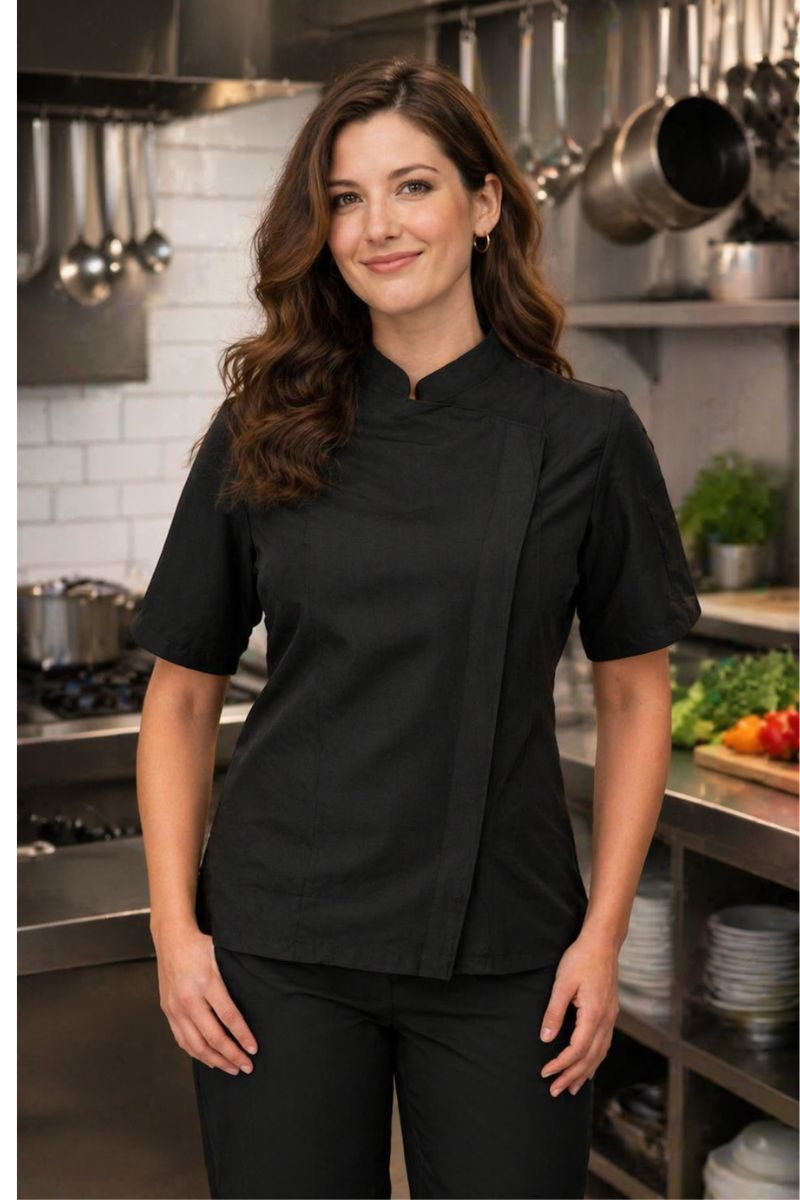 Chaqueta de cocina mujer negra transpirable microfibra Gratió uniforme hostelería profesional