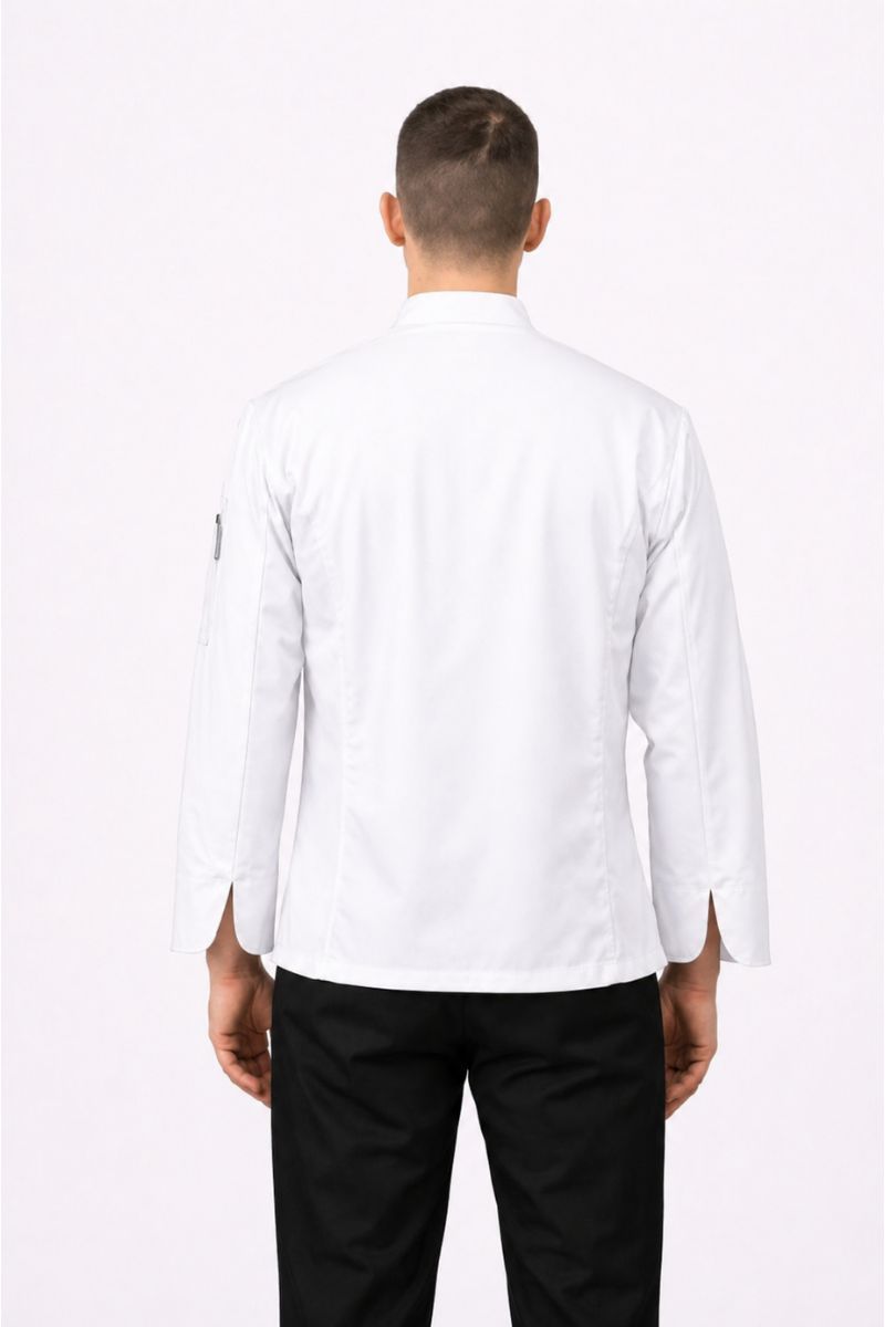 Chaqueta de cocina hombre microfibra transpirable blanca con broches ocultos uniforme profesional chef