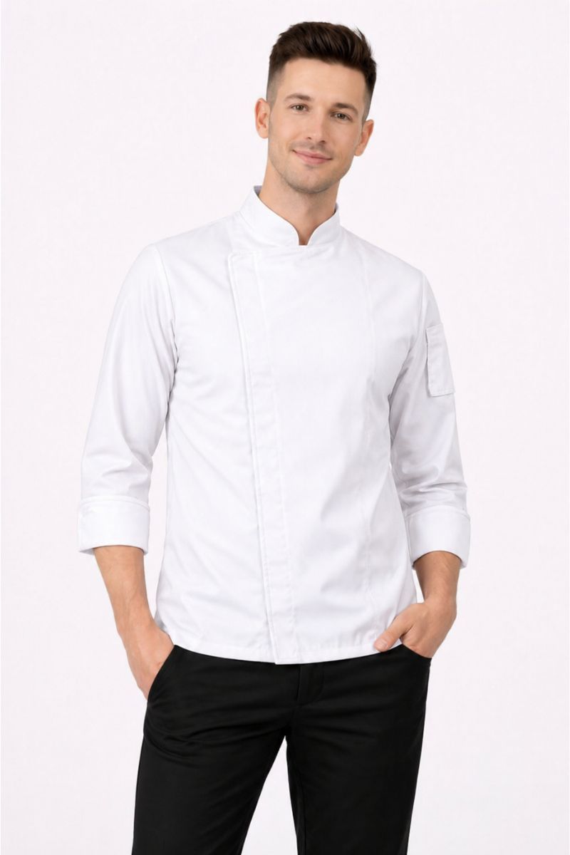 Chaqueta de cocina hombre microfibra transpirable blanca con broches ocultos uniforme profesional chef